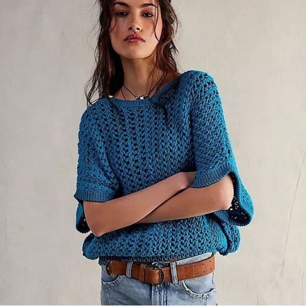 We The Free People sweater womens XS OB1929331 short sleeve blue cotton ladies